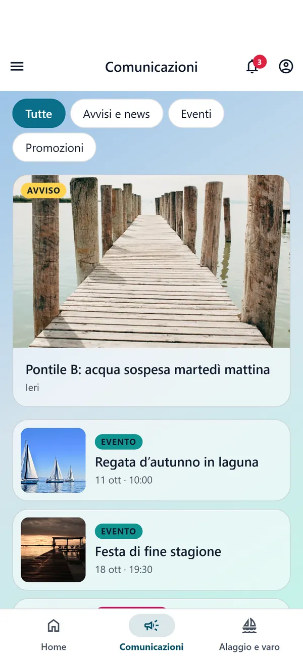 Anteprima della nuova app: le comunicazioni con foto, divise in avvisi e news, eventi e promozioni (dati d’esempio).