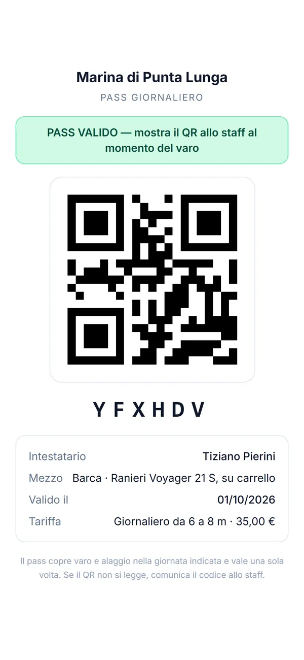 Il pass giornaliero aperto sul telefono del cliente: «Pass valido», il QR, il codice di sei caratteri, il mezzo e la data (dati d’esempio).