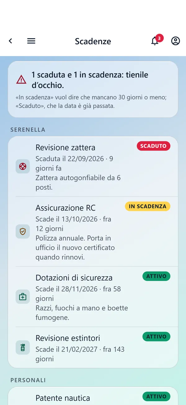 Anteprima della nuova app: la pagina Scadenze, con una revisione scaduta, un’assicurazione in scadenza e le dotazioni di sicurezza (dati d’esempio).