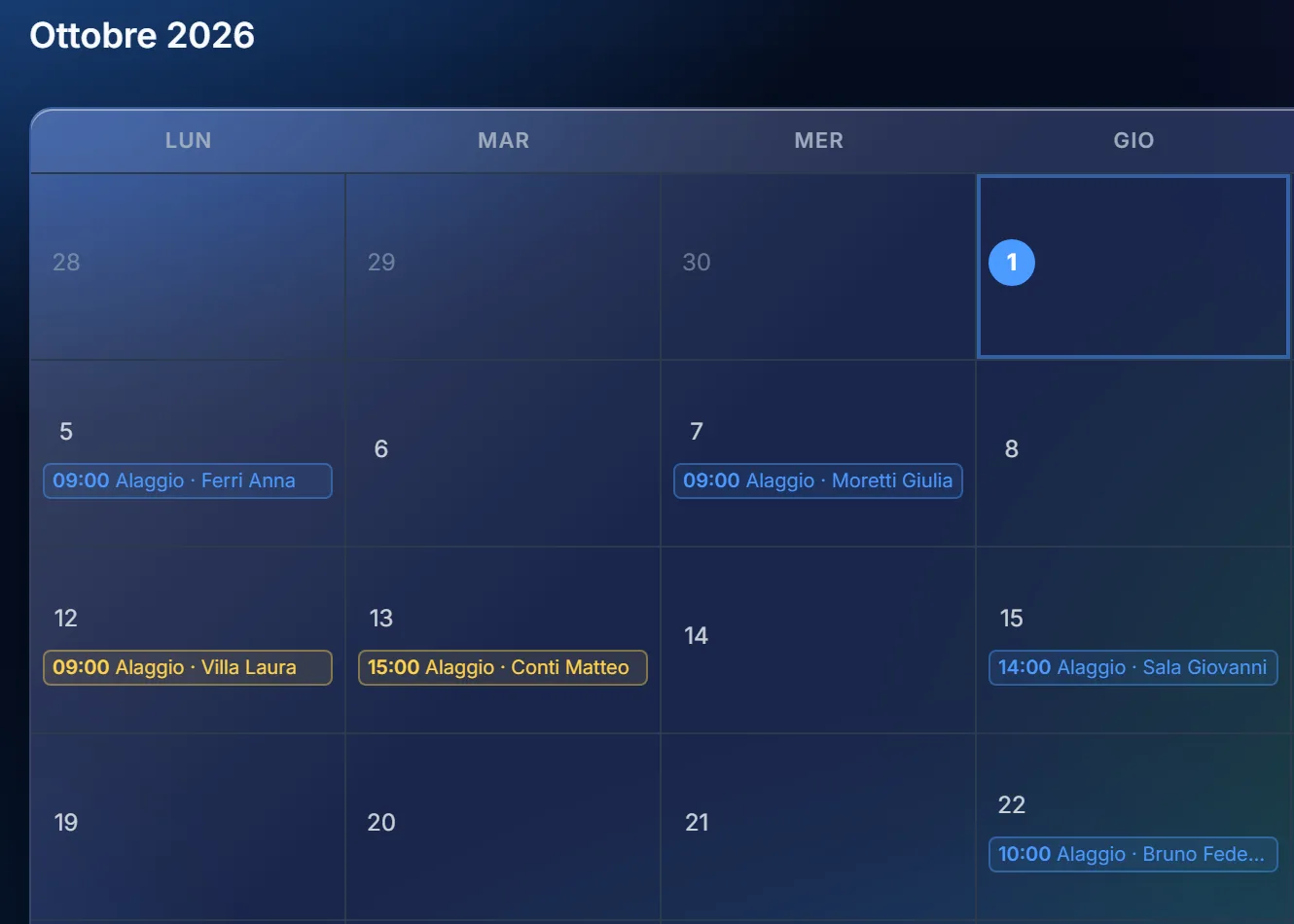 Il calendario dei movimenti di ottobre in NauticOS: gli alaggi di ogni giorno, con l’ora e il nome del cliente (dati d’esempio).